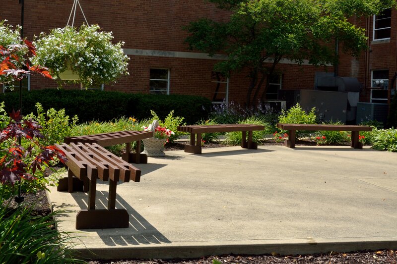 Wooden Benches in Courtyard