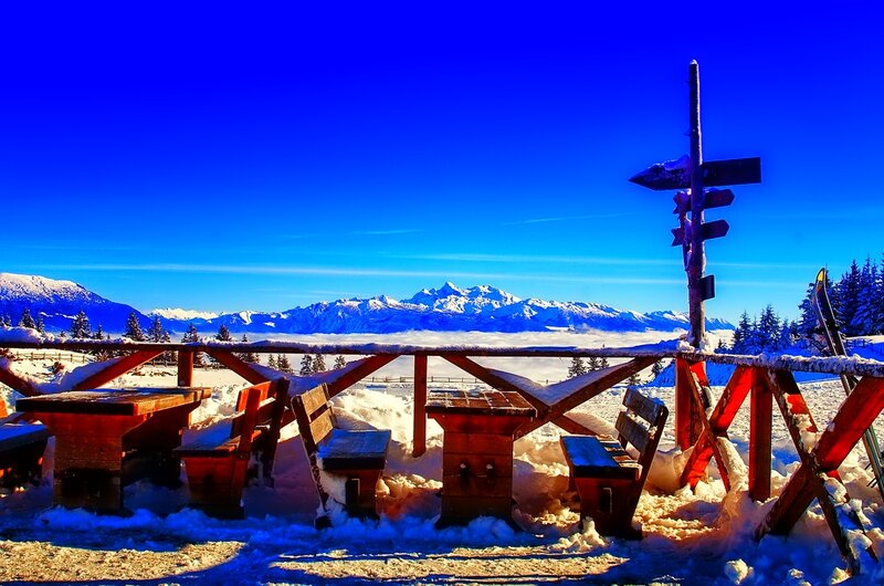 Wooden Benches in Snow — Blue
