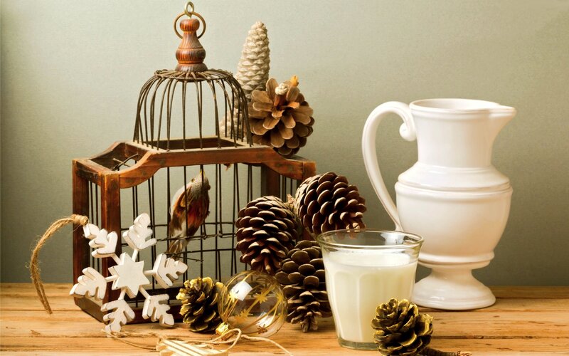 Wooden Birdcage with Pinecones