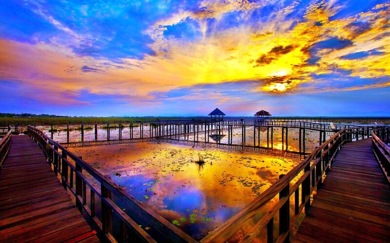 Wooden Boardwalk at Sunset — Blue, Dramatic, Photograph