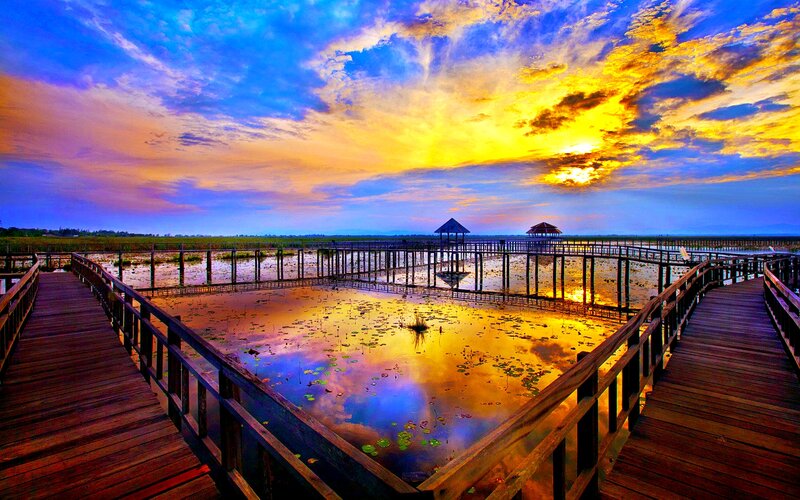 Wooden Boardwalk at Sunset — Blue, Dramatic