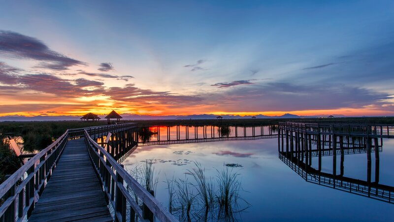 Wooden Boardwalk at Sunset — Blue, Serene, Photograph, Water
