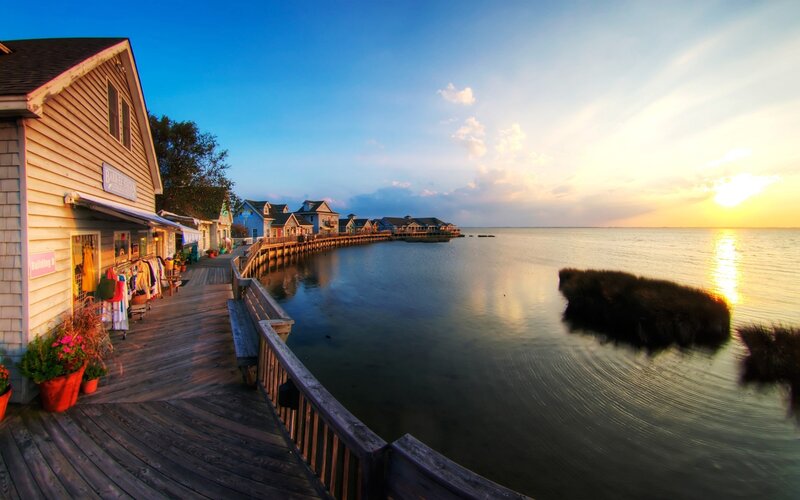 Wooden Boardwalk at Sunset — Blue, Serene