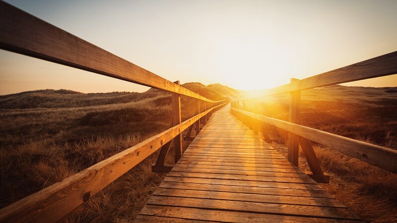 Wooden Boardwalk at Sunset — Brown, Serene, Photograph, Sand Dunes