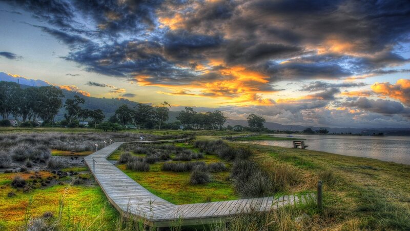 Wooden Boardwalk at Sunset — Orange, Dramatic, Photograph, Marsh