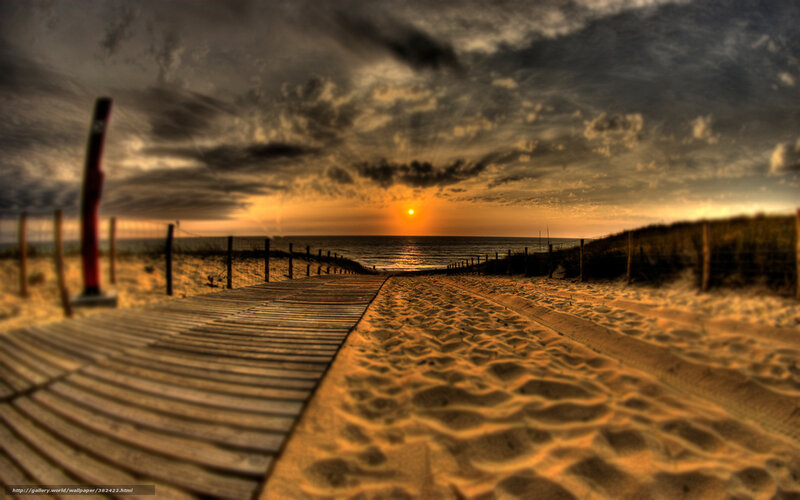Wooden Boardwalk at Sunset — Orange, Dramatic, Photograph, Ocean, Sand Dunes