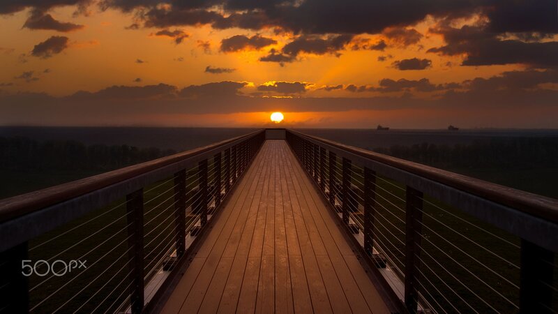 Wooden Boardwalk at Sunset — Orange, Dramatic, Photograph, Sun