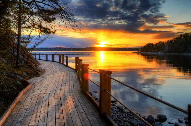 Wooden Boardwalk at Sunset — Orange, Serene