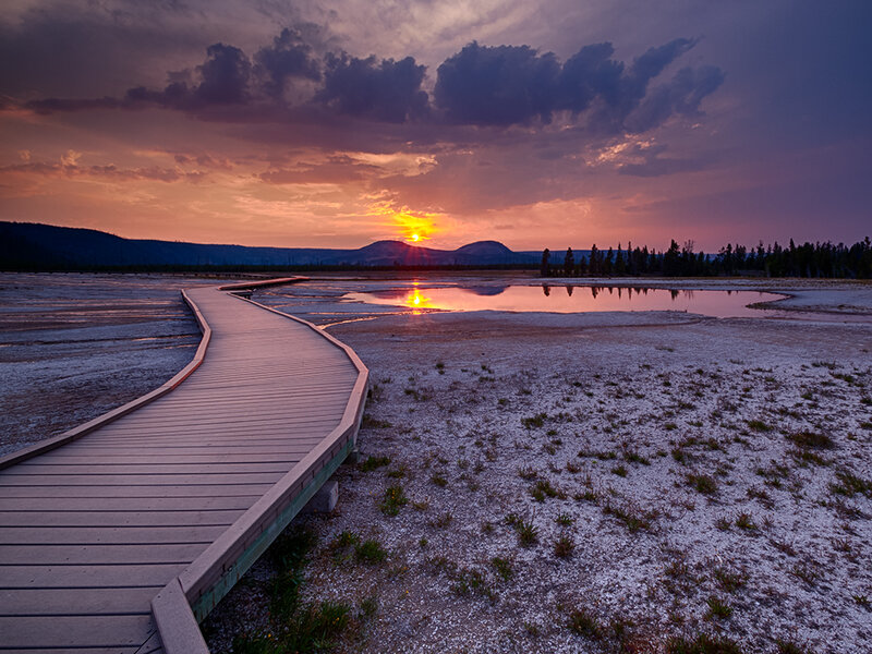 Wooden Boardwalk at Sunset — Purple, Serene