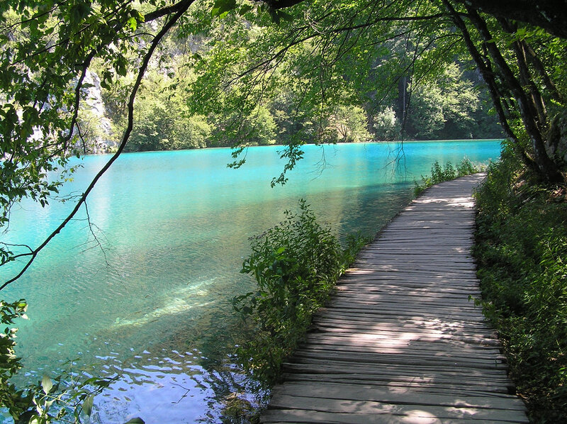 Wooden Boardwalk by Lake — Blue