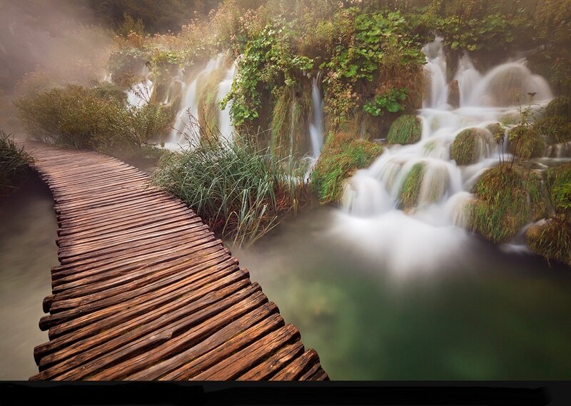 Wooden Boardwalk by Waterfall — Brown