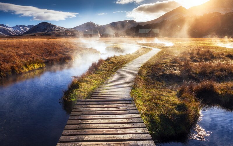 Wooden Boardwalk in Marsh — Blue, Serene, Morning, Photograph, Mountains