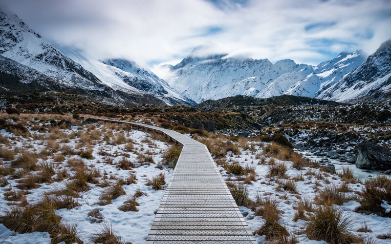 Wooden Boardwalk in Mountains — White, Serene