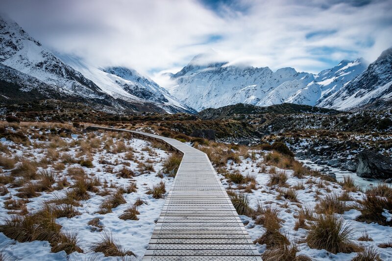 Wooden Boardwalk in Mountains — White