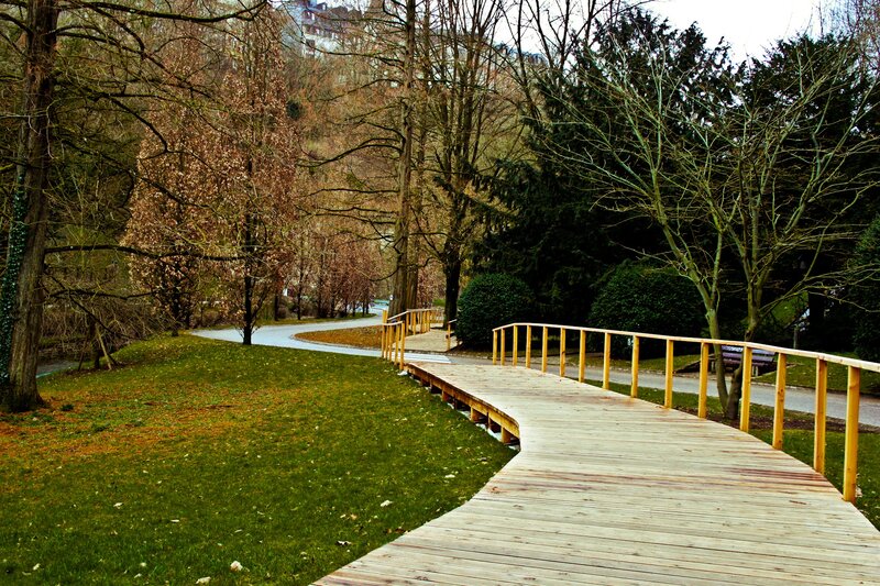 Wooden Boardwalk in Park — Green
