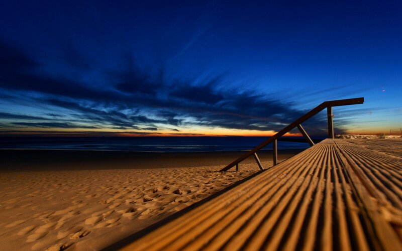 Wooden Boardwalk on Beach — Blue, Dramatic, Sunset