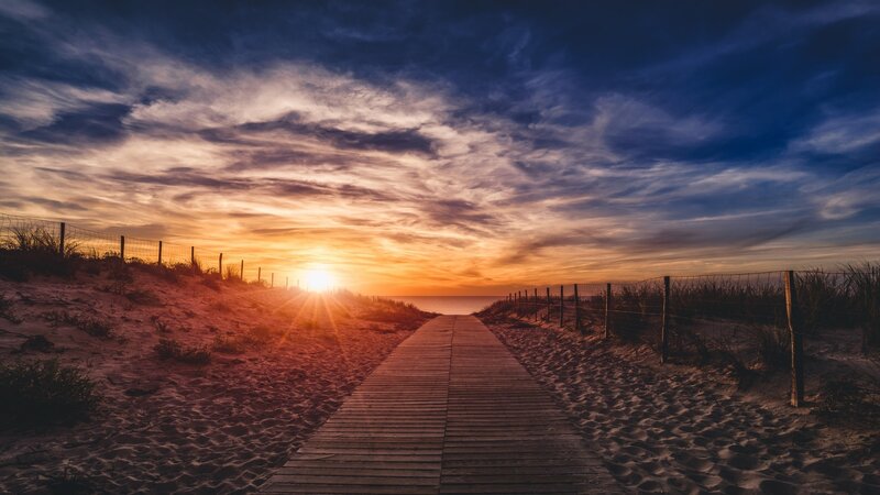 Wooden Boardwalk on Beach — Blue, Dramatic