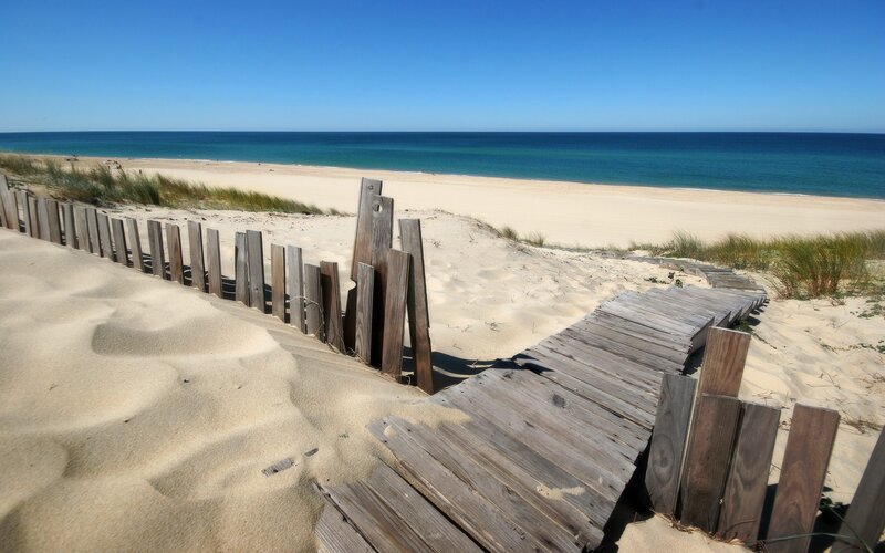 Wooden Boardwalk on Beach — Blue, Serene, Afternoon, Photograph, Sand Dunes