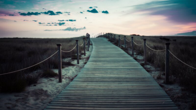 Wooden Boardwalk on Beach — Blue, Serene, Sunset
