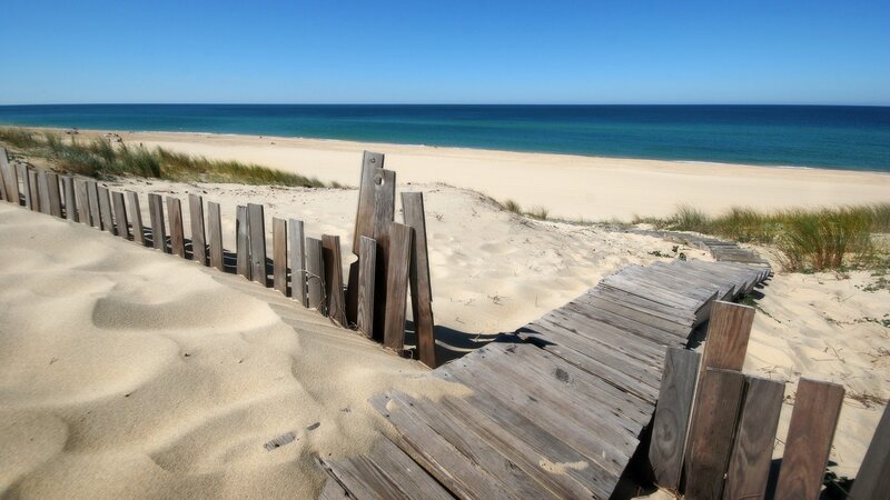 Wooden Boardwalk on Beach — Blue