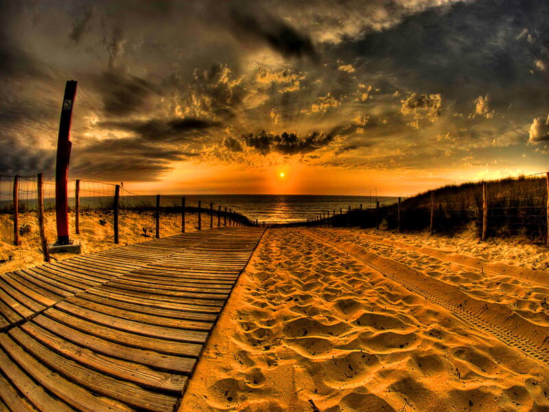 Wooden Boardwalk on Beach — Orange, Dramatic, Sunset, Photograph, Ocean, Sand Dunes