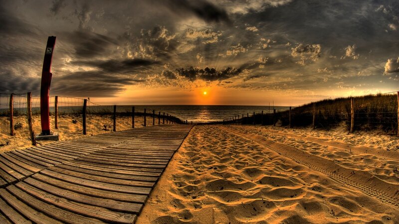 Wooden Boardwalk on Beach — Orange, Dramatic, Sunset, Photograph
