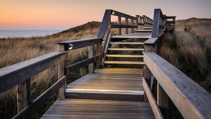 Wooden Boardwalk on Dunes — Brown, Serene, Sunset, Photograph