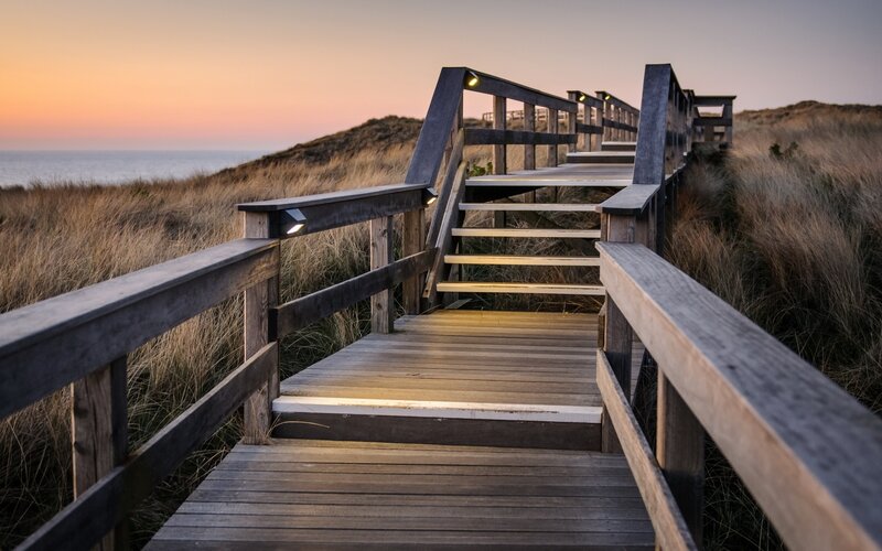 Wooden Boardwalk on Dunes — Brown, Serene, Sunset