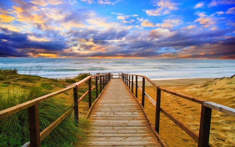 Wooden Boardwalk to Beach — Blue, Dramatic, Sunset, Photograph