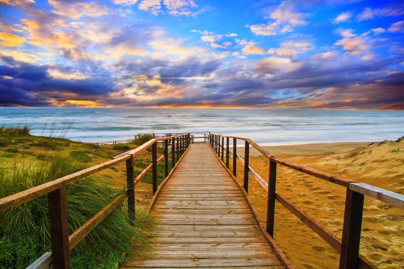 Wooden Boardwalk to Beach — Blue, Dramatic, Sunset