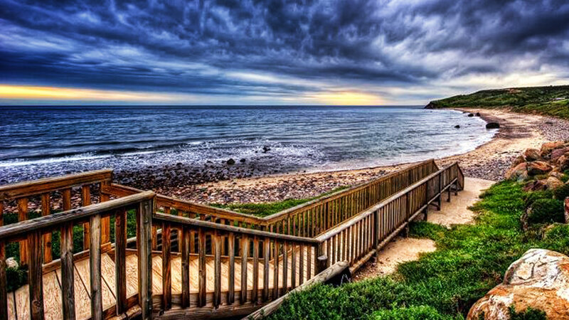 Wooden Boardwalk to Beach — Blue, Dramatic