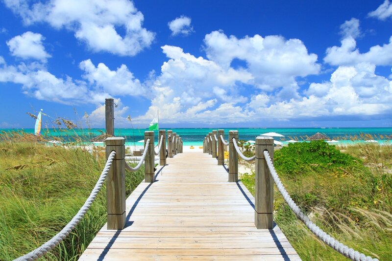 Wooden Boardwalk to Beach — Blue, Serene, Afternoon, Photograph