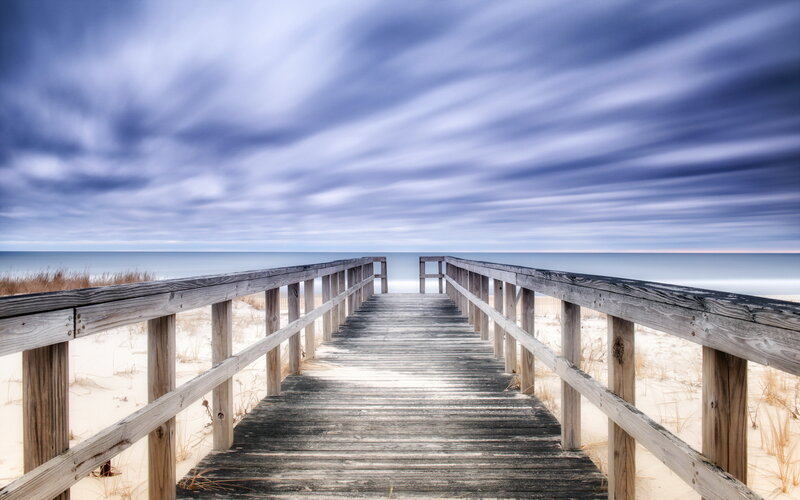 Wooden Boardwalk to Beach — Blue, Serene, Photograph