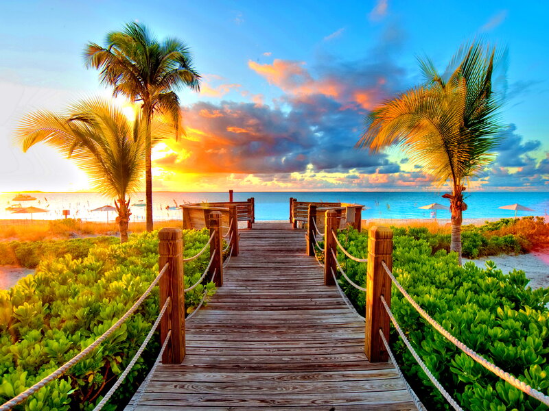 Wooden Boardwalk to Beach — Blue, Serene, Sunset, Photograph