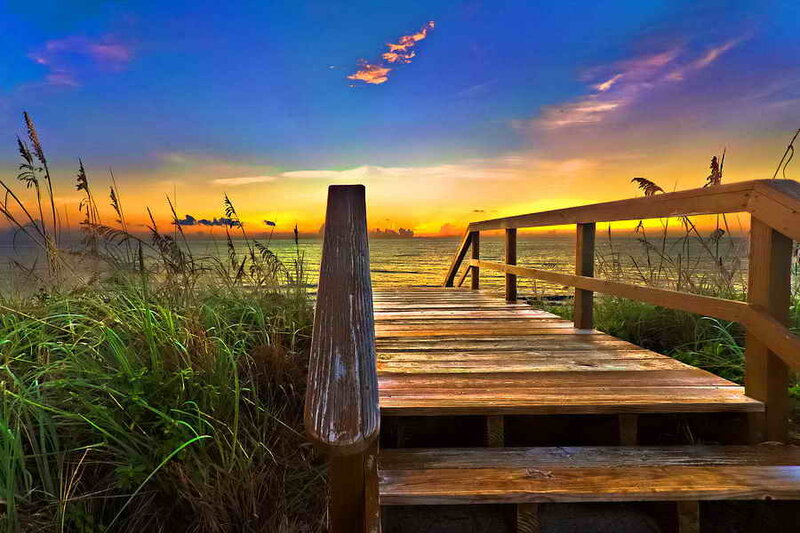 Wooden Boardwalk to Beach — Blue, Serene, Sunset