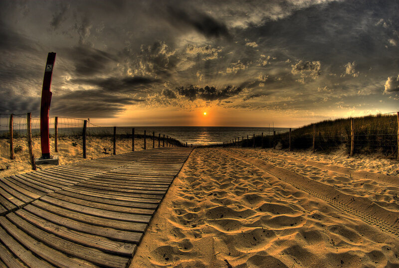 Wooden Boardwalk to Beach — Orange, Dramatic, Sunset