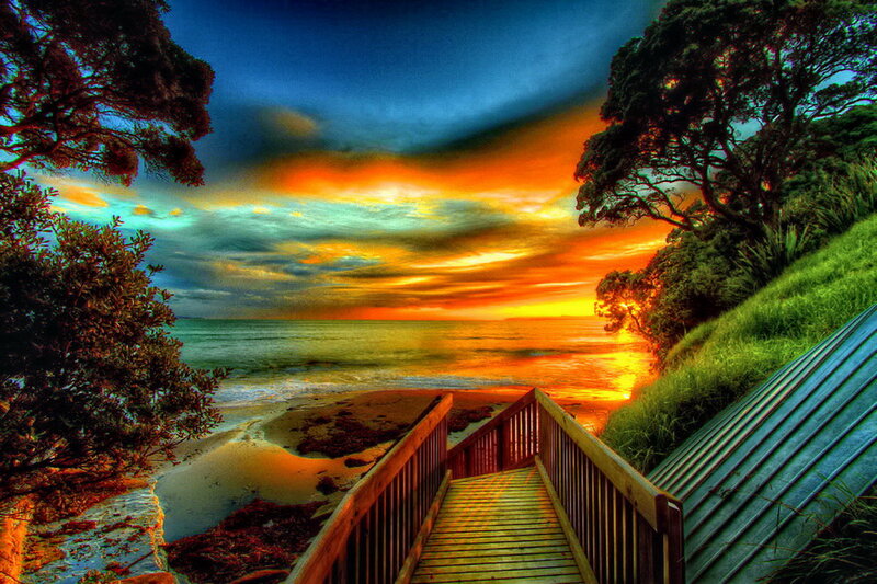 Wooden Boardwalk to Beach — Orange, Dramatic