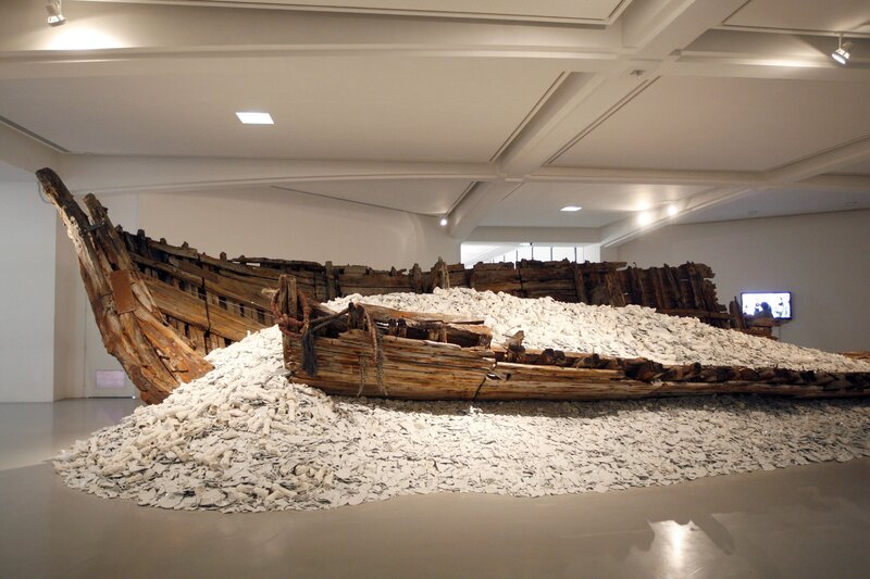 wooden boat art installation