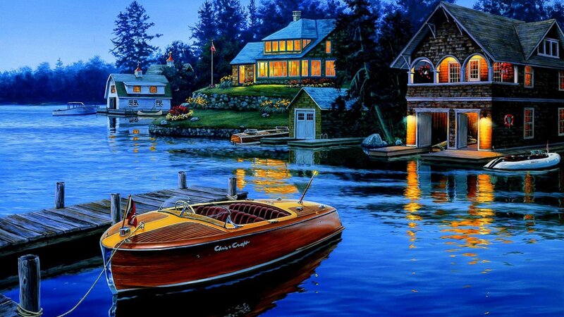 Wooden Boat at Dock — Blue, Serene, Night