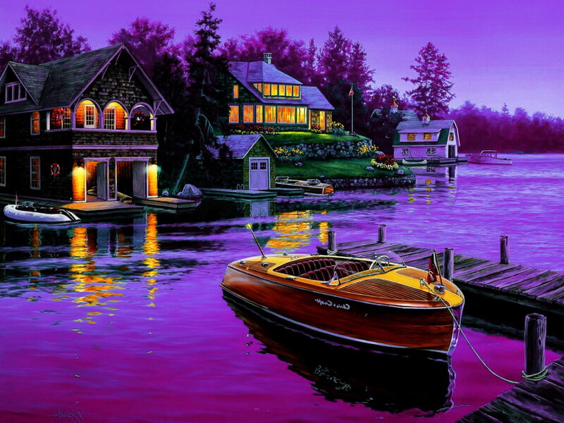 Wooden Boat at Dock — Purple