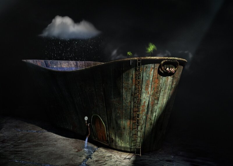 wooden boat house in dark