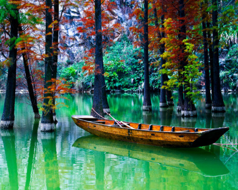 Wooden Boat in Water — Green
