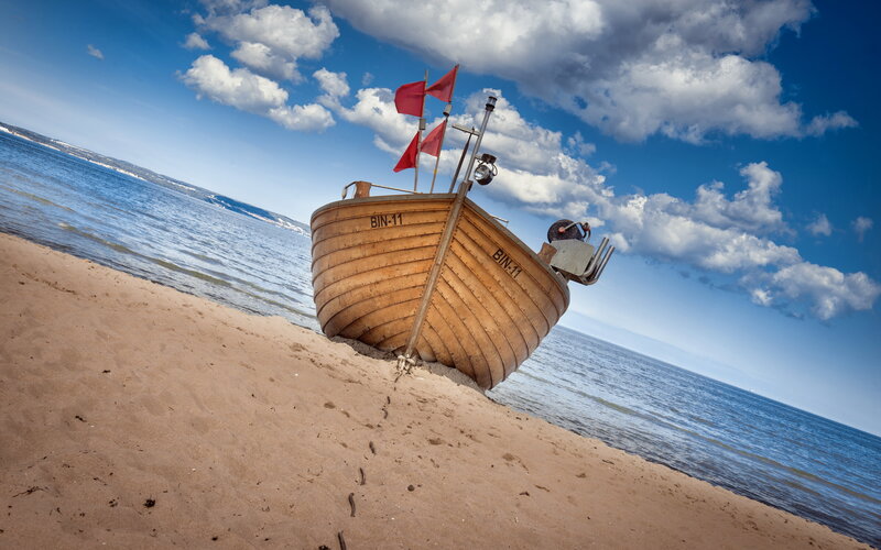 Wooden Boat on Beach — Blue, Dramatic