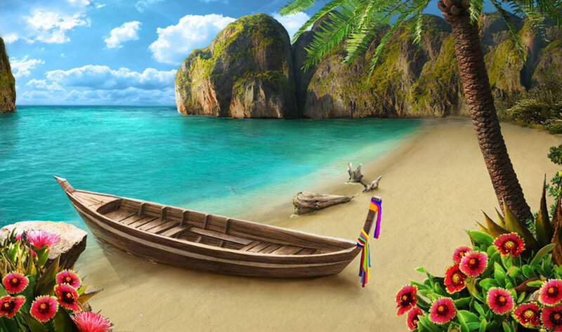 Wooden Boat on Beach — Blue, Serene, Afternoon, Digital Art