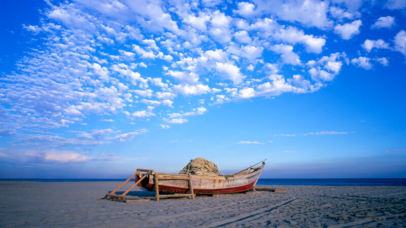 Wooden Boat on Beach — Blue, Serene