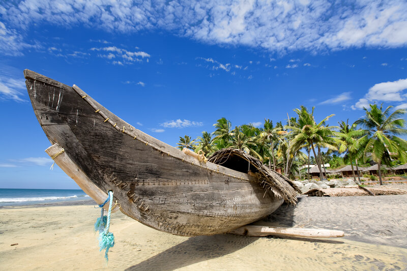 Wooden Boat on Beach — Blue