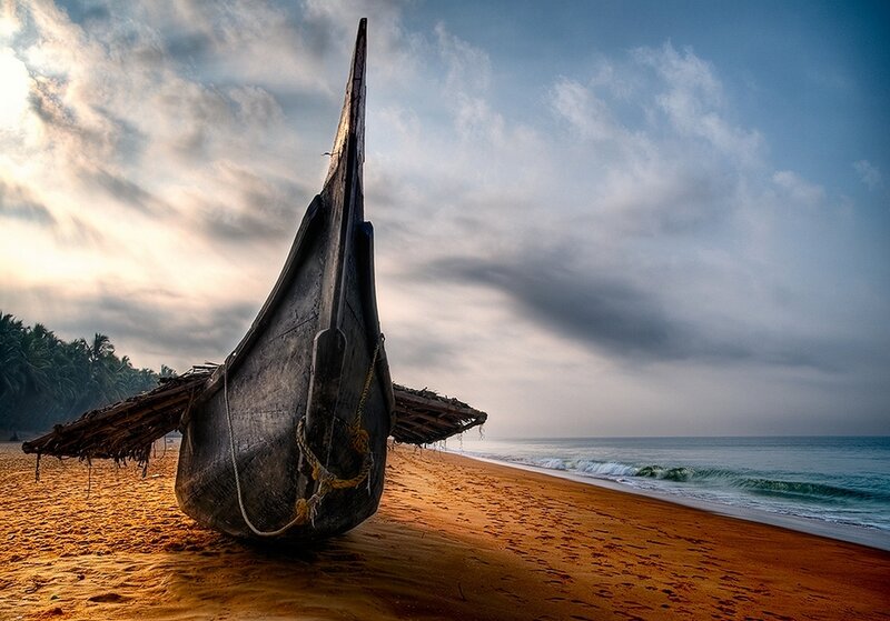 Wooden Boat on Beach — Brown, Dramatic