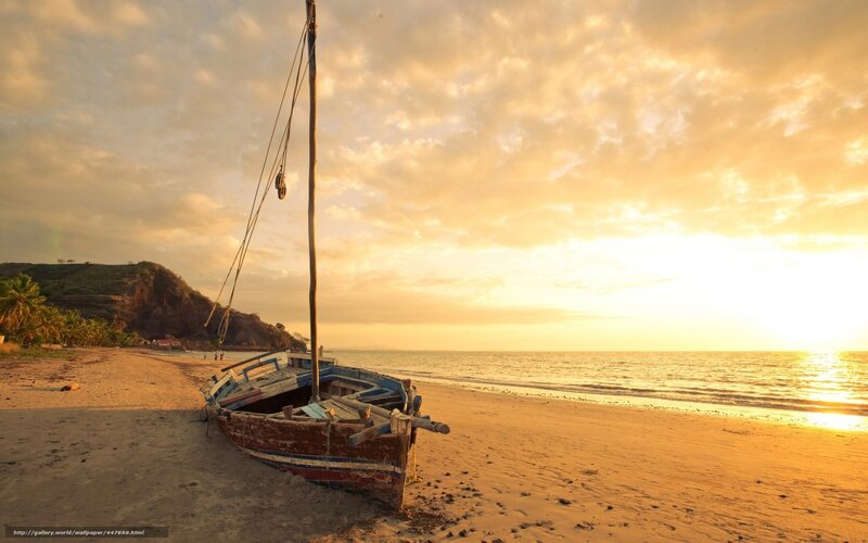 Wooden Boat on Beach — Gold, Serene, Sunset, Photograph