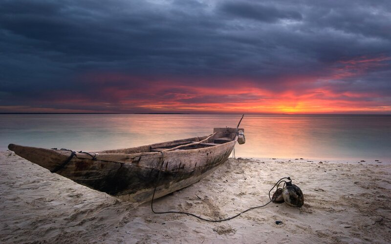 Wooden Boat on Beach — Orange, Dramatic, Sunset