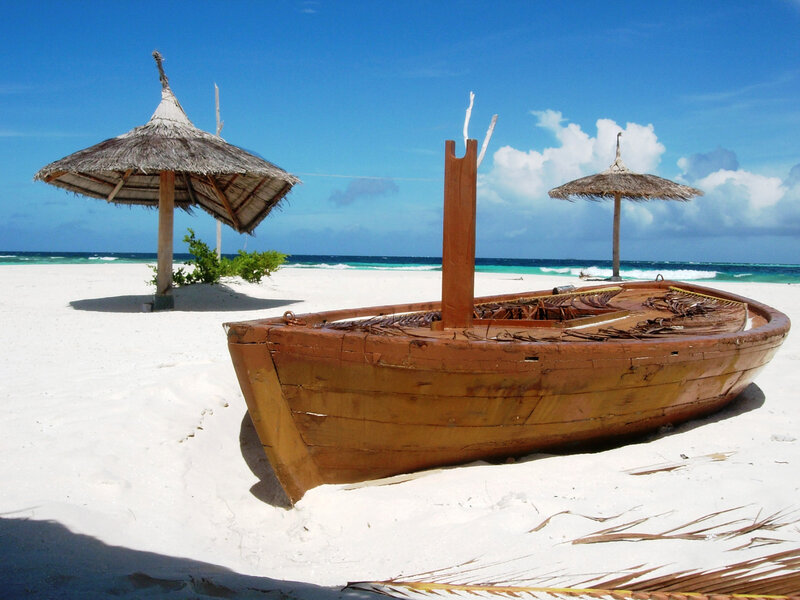 Wooden Boat on Beach — White